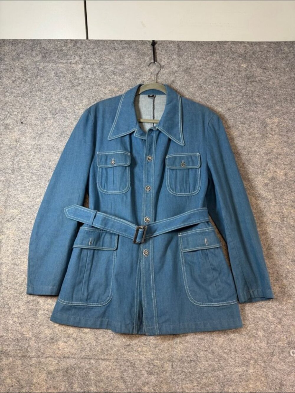 Vintage Belted Denim Jacket Blue Size 44 Mod Retro Utility Blazer Shacket Unisex - Picture 2 of 15